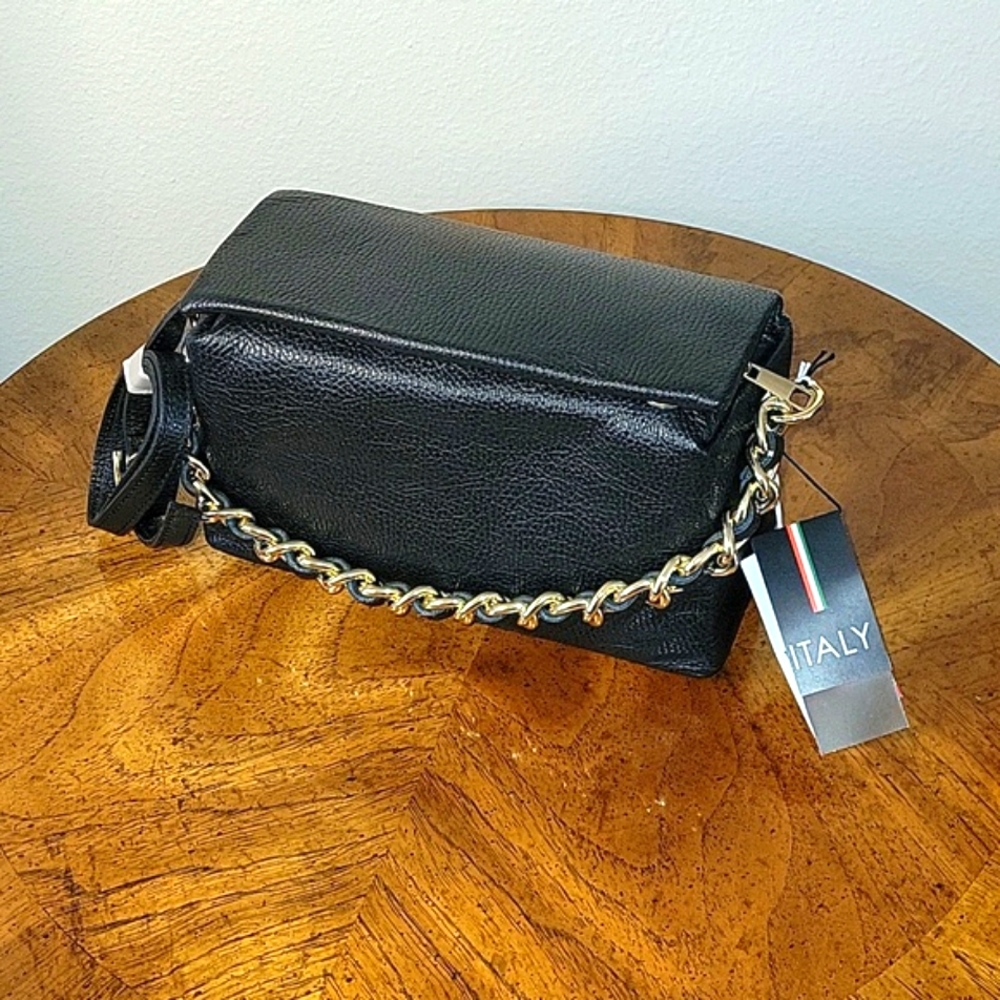 ISADORA Leather Rectangle Crossbody Flap Over Bag, Black NWT